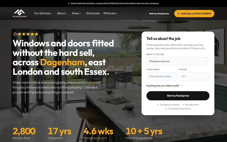 The Miller Glazing website home page, built by Glaze OS